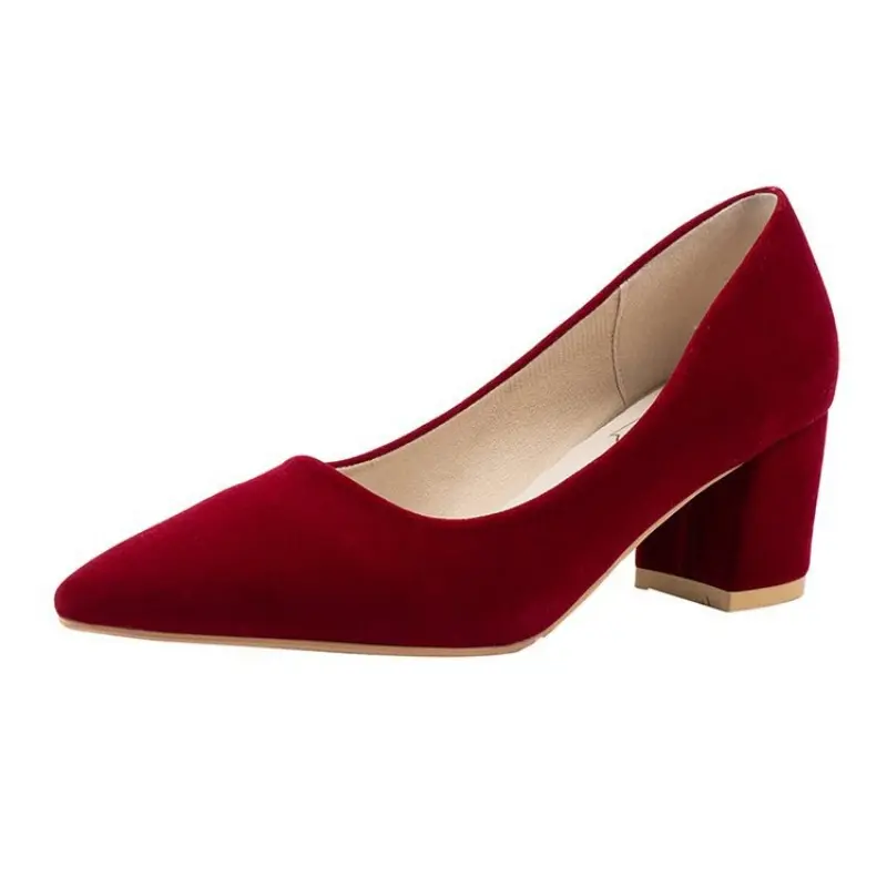 French Red Wedding Shoes for Women 2025 Spring/Summer/Autumn New Thick Heels Pointed Not Tiring Feet Bride Shoes