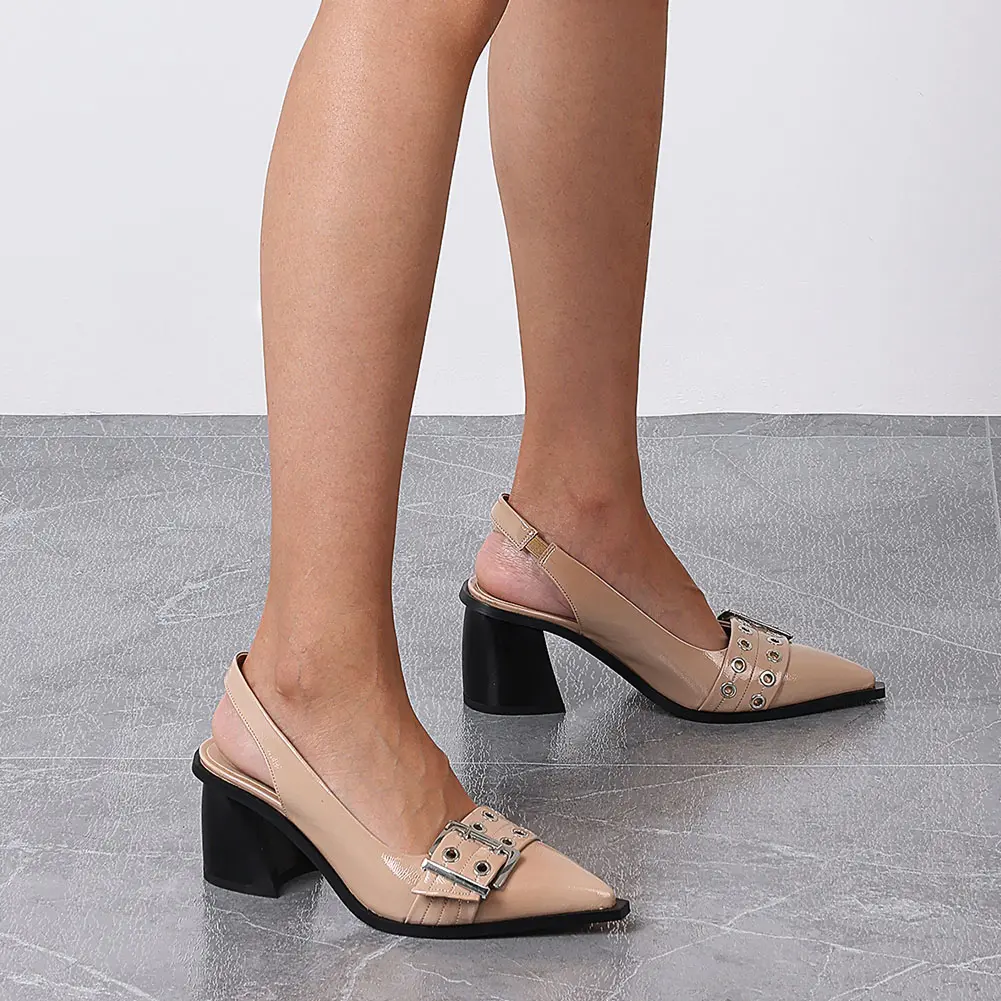 Women's Slingback Heels Block Chunky Heel Comfortable Pointed Toe Pumps Wide Metal Buckle Strap Office Party Dress Shoes Woman