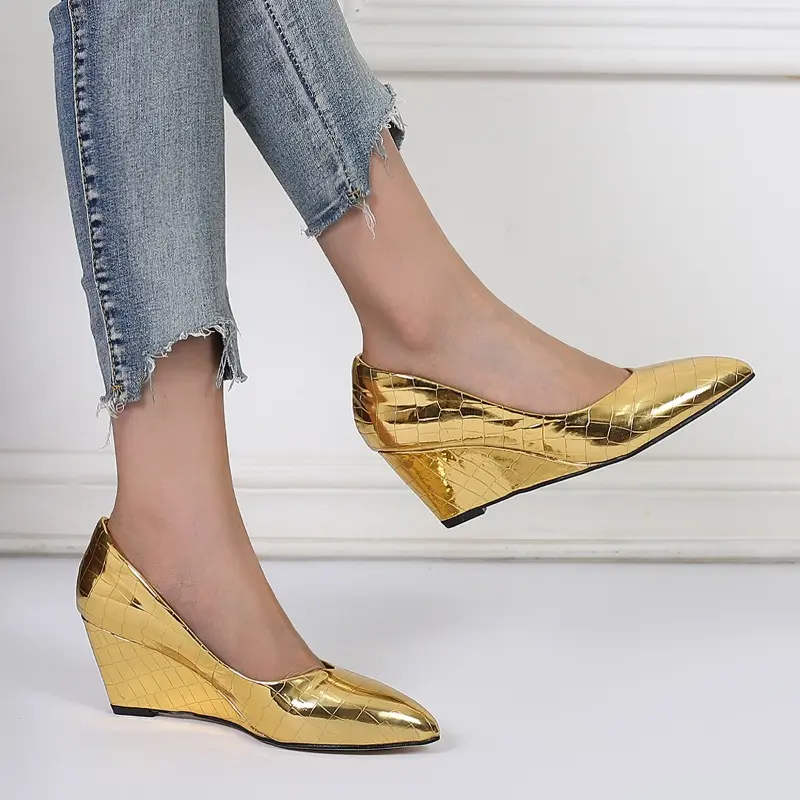 2025 Spring Summer Wedges Heels Women Party Shoes Fashion Office Pointed Toe Plus Size 42 Gold Silver Black Ladies Pumps