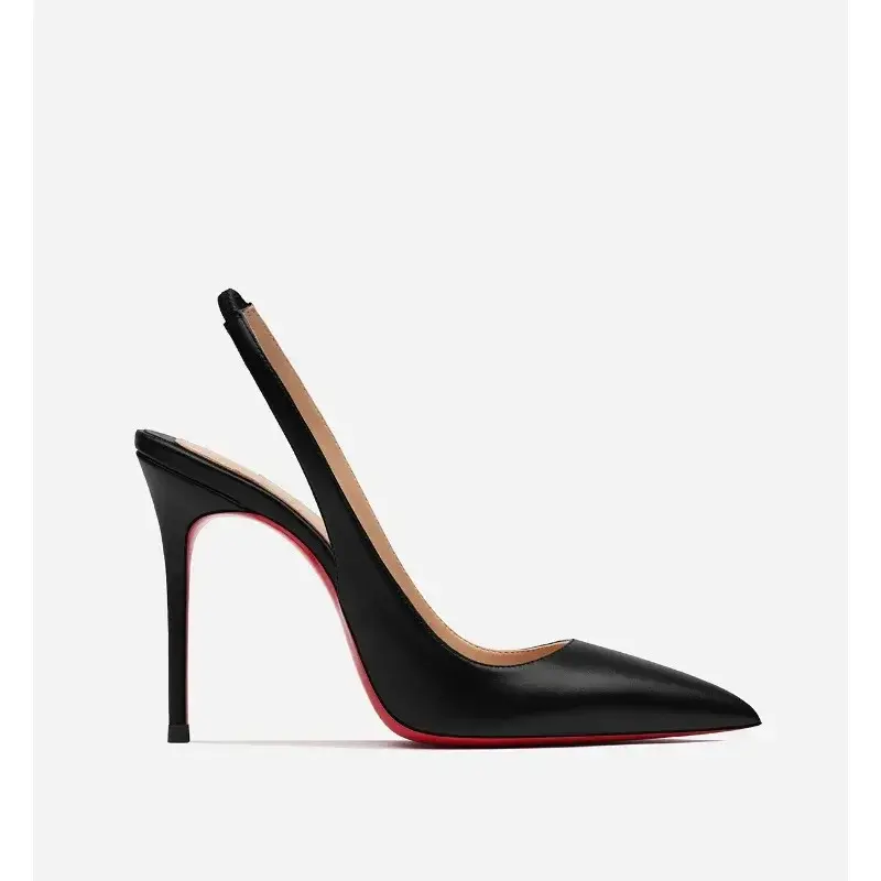 2025 pointed red sole leather black sexy single shoe versatile thin heel back hollow toe high heels professional women's shoes