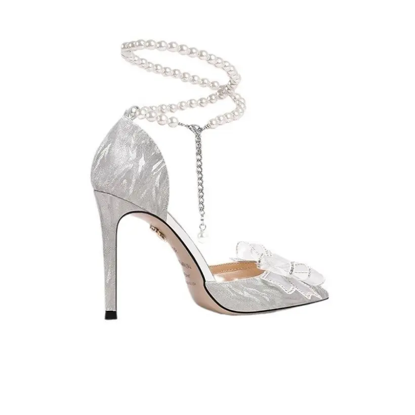 Poplular Zapatos De Mujer Bowtie Beading Embellished Sweet Women Weeding Shoes Pointed High Heels Glitter Slip-On Women Pumps
