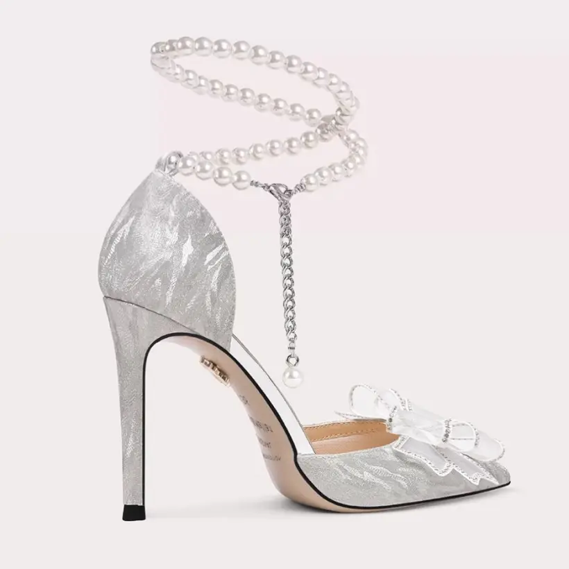 Poplular Zapatos De Mujer Bowtie Beading Embellished Sweet Women Weeding Shoes Pointed High Heels Glitter Slip-On Women Pumps