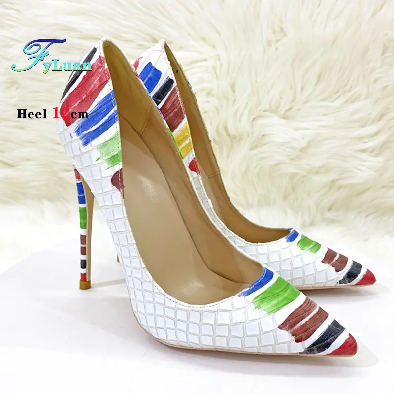 Graffiti Crocodile Embossed Women Pumps Pointy Toe High Heel Shoes White Sexy Slip On Heels for Party Wedding Nightclub Stiletto