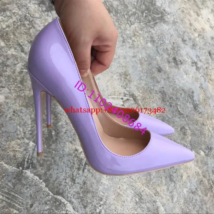 Real Photo High Quality Lavender Patent Leather Pointed Toe Woman High Heel Stilettos 8Cm 10Cm 12Cm Heel Woman Lavender Shoes 44