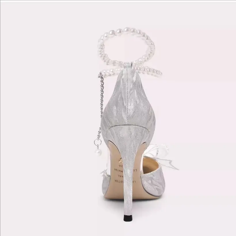 Poplular Zapatos De Mujer Bowtie Beading Embellished Sweet Women Weeding Shoes Pointed High Heels Glitter Slip-On Women Pumps