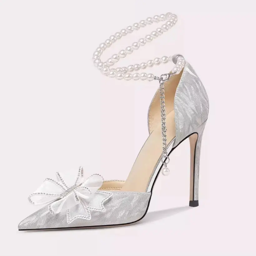 Poplular Zapatos De Mujer Bowtie Beading Embellished Sweet Women Weeding Shoes Pointed High Heels Glitter Slip-On Women Pumps