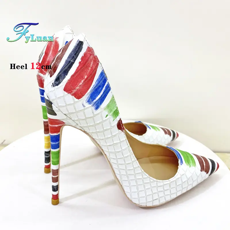 Graffiti Crocodile Embossed Women Pumps Pointy Toe High Heel Shoes White Sexy Slip On Heels for Party Wedding Nightclub Stiletto