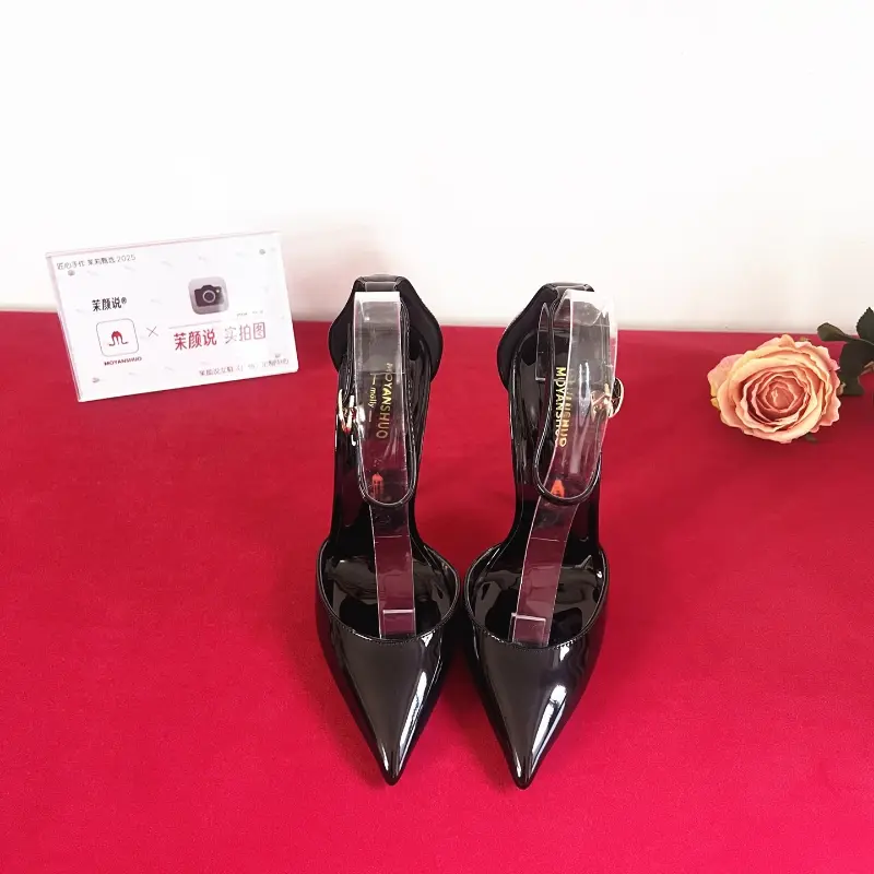 2025 Spring/Summer Lacquer Leather One Piece Buckle with Hollow Pointed Narrow Heel Super High Heels,Sexy 12cm Sandals for Women