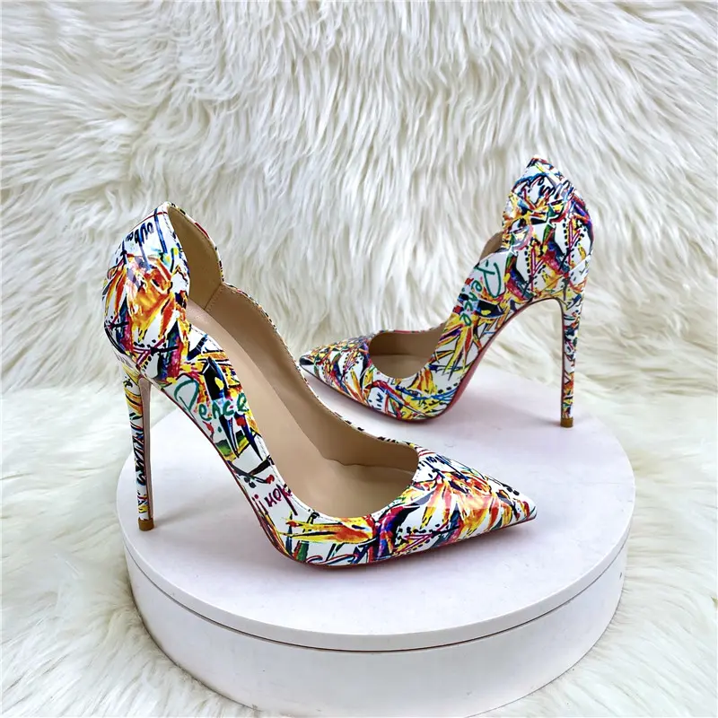 2024 New Colorful Graffiti women High Heel Shoes 12CM Pointed Thin Heel Shallow Mouth pumps Fashion Women's Shoes