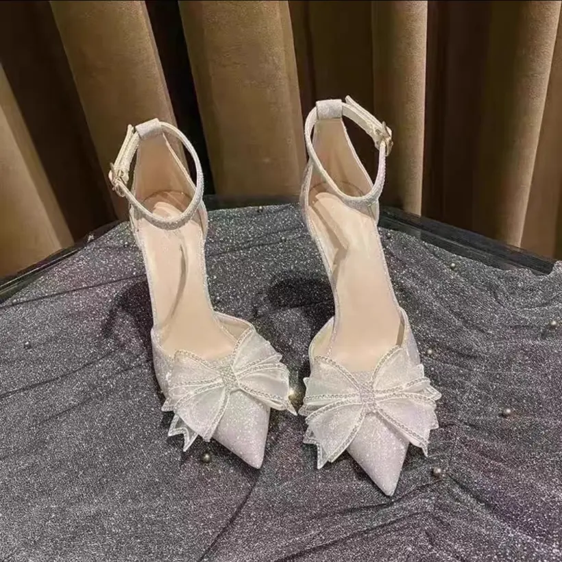 Poplular Zapatos De Mujer Bowtie Beading Embellished Sweet Women Weeding Shoes Pointed High Heels Glitter Slip-On Women Pumps
