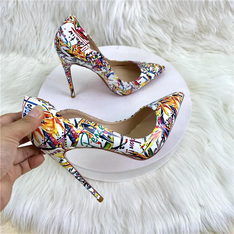 2024 New Colorful Graffiti women High Heel Shoes 12CM Pointed Thin Heel Shallow Mouth pumps Fashion Women's Shoes