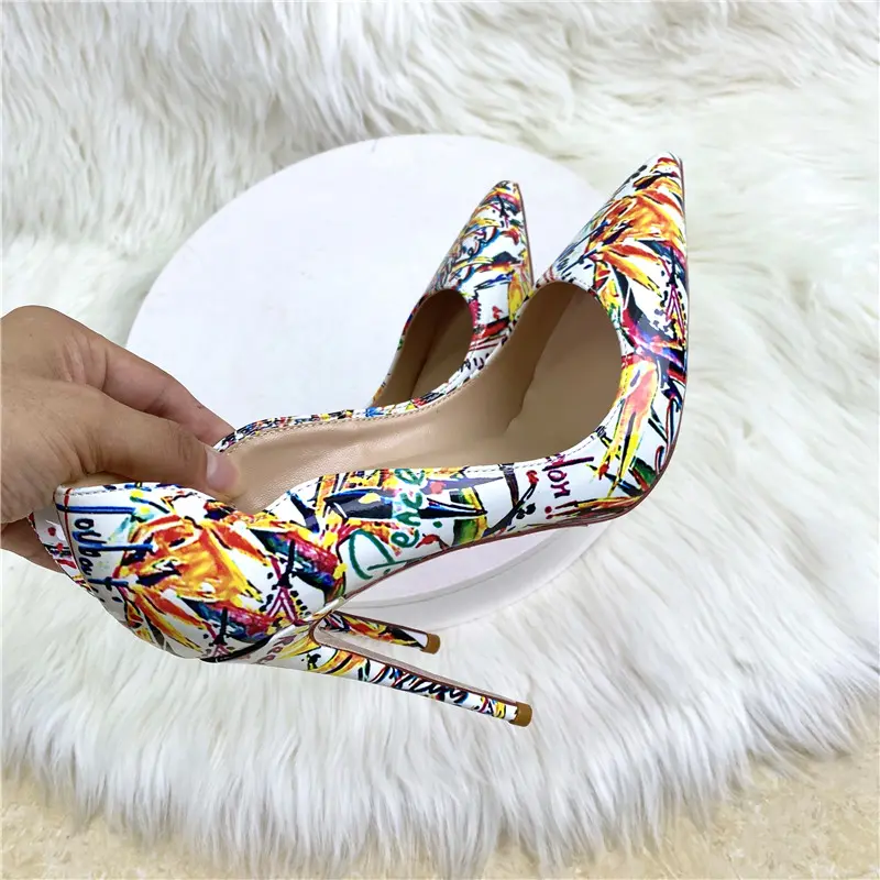 2024 New Colorful Graffiti women High Heel Shoes 12CM Pointed Thin Heel Shallow Mouth pumps Fashion Women's Shoes