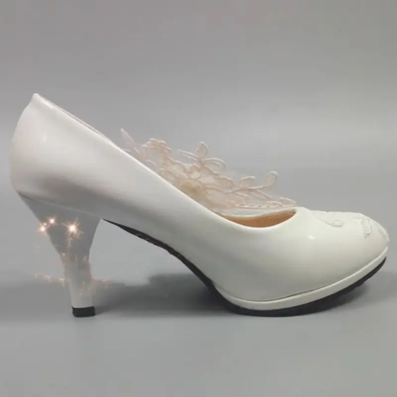 Spring new round-toe waterproof platform lace rhinestone low-heel wedding shoes thin high-heeled dress large-size women's shoes