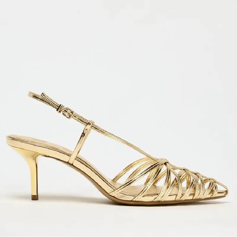 Luxury Gold Brand Heels Women Fashion Narrow Strap Hollow Thin High Heel Summer Sandals Sexy Pointed Toe Slingbacks Dress Shoes