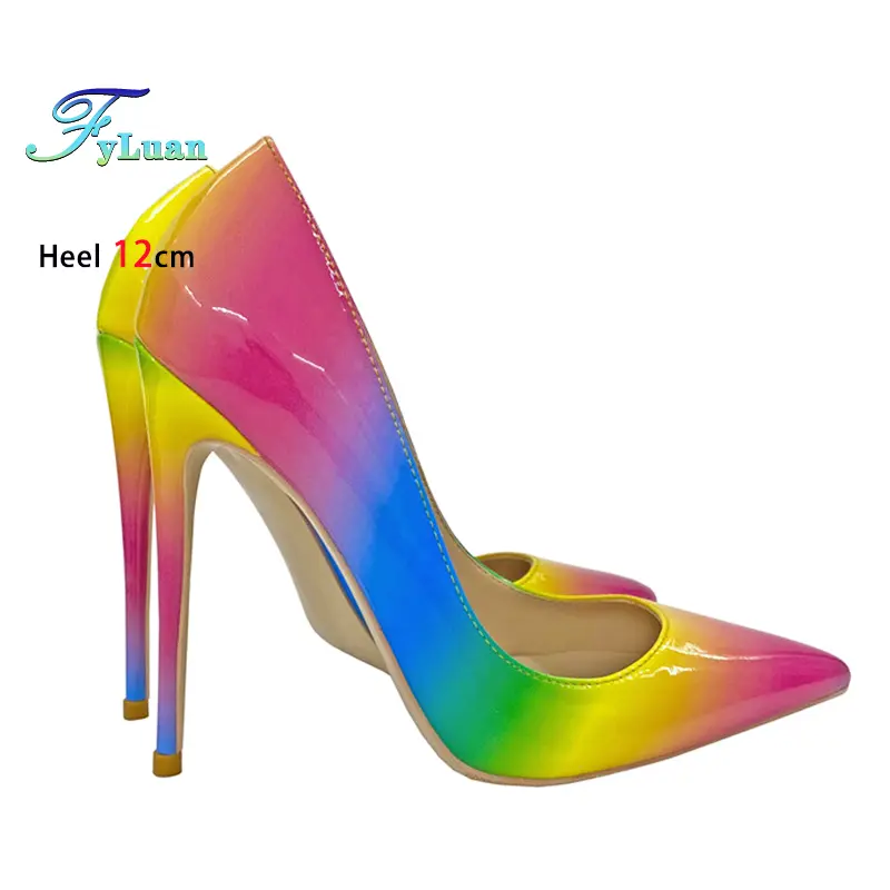 New Gradient Color Women's Pumps 8CM 10CM 12CM Iridescence Lady Shoes Office High Heels Mixed Color Sexy Pointy Toe Single Shoes