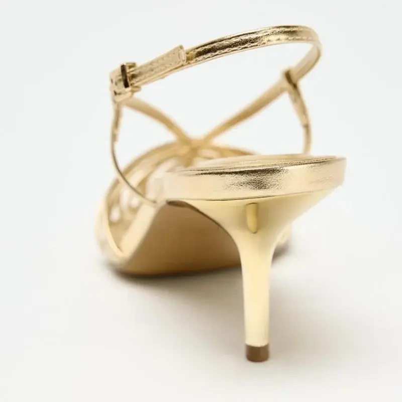 Luxury Gold Brand Heels Women Fashion Narrow Strap Hollow Thin High Heel Summer Sandals Sexy Pointed Toe Slingbacks Dress Shoes