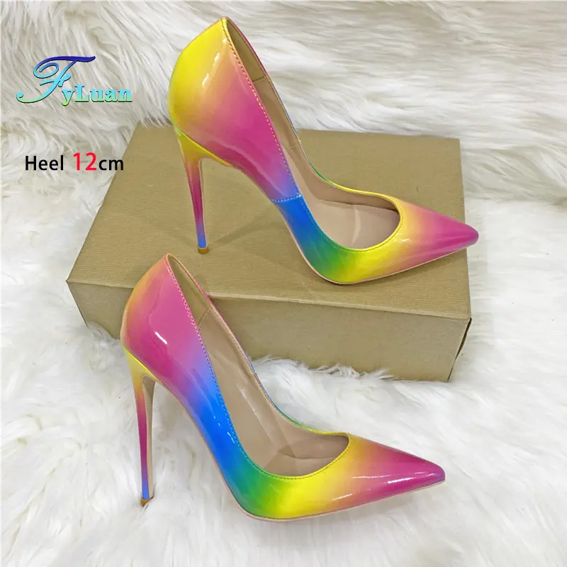 New Gradient Color Women's Pumps 8CM 10CM 12CM Iridescence Lady Shoes Office High Heels Mixed Color Sexy Pointy Toe Single Shoes