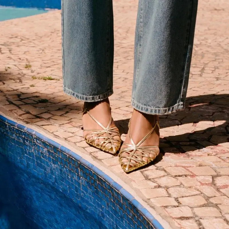 Luxury Gold Brand Heels Women Fashion Narrow Strap Hollow Thin High Heel Summer Sandals Sexy Pointed Toe Slingbacks Dress Shoes