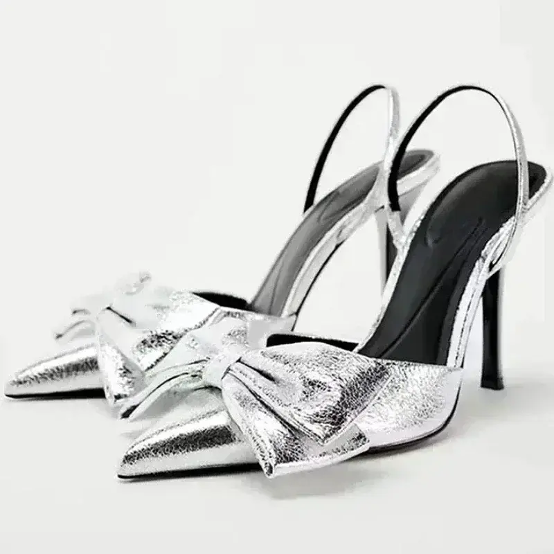 Luxury Silver High Heeled Sandals Women Sexy Pointed Toe Back Strap Thin Heels for Women Elegant Bow Design Banquet Dress Shoes