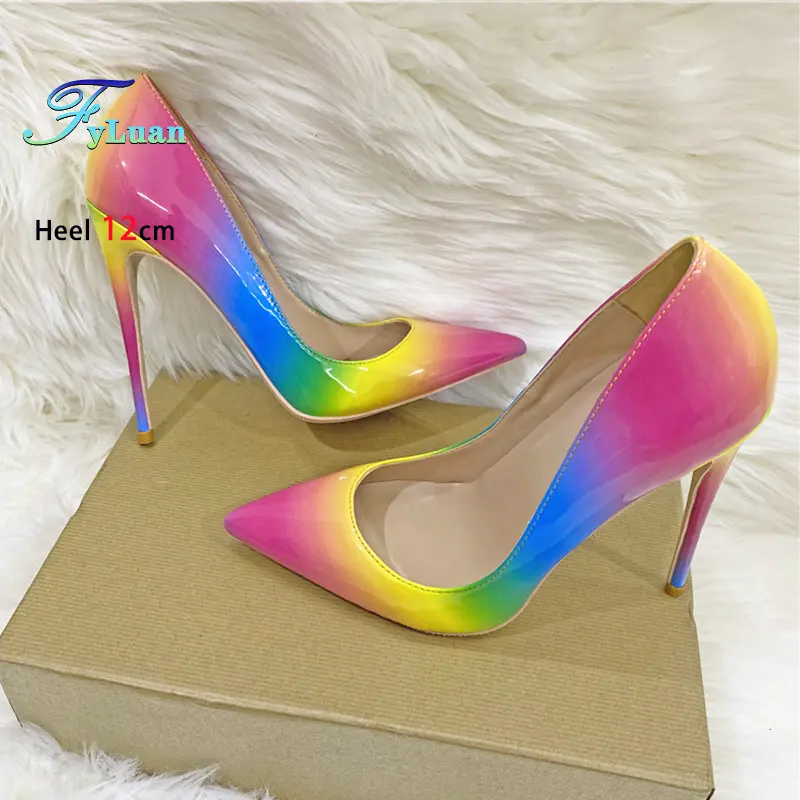 New Gradient Color Women's Pumps 8CM 10CM 12CM Iridescence Lady Shoes Office High Heels Mixed Color Sexy Pointy Toe Single Shoes