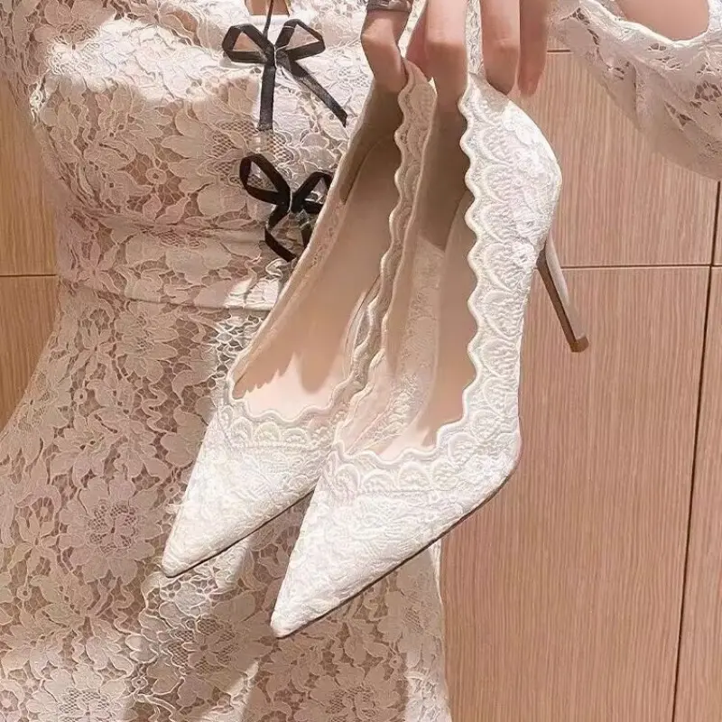 White Wedding Shoes Bridal Shoes Design Sense Niche Lace Pointed Stiletto Heel Shallow French High Heels Female Temperament