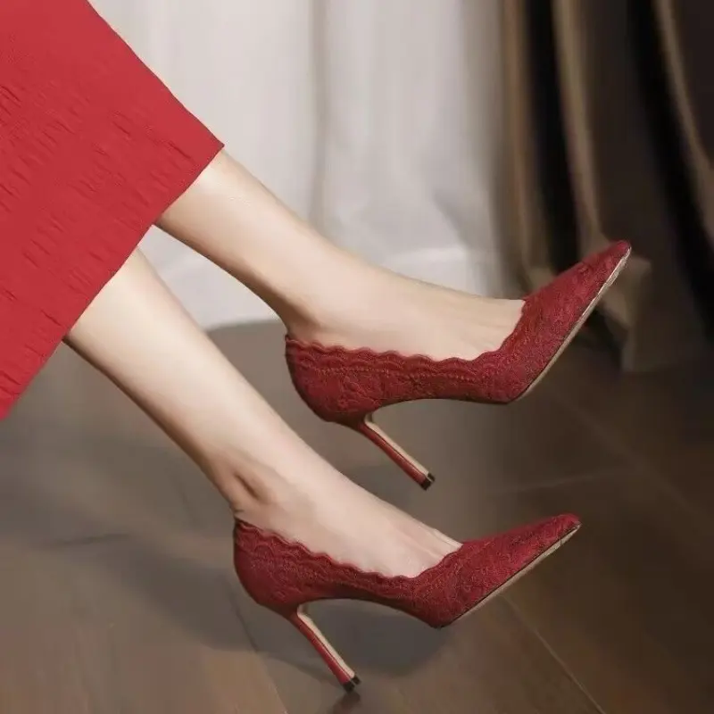White Wedding Shoes Bridal Shoes Design Sense Niche Lace Pointed Stiletto Heel Shallow French High Heels Female Temperament