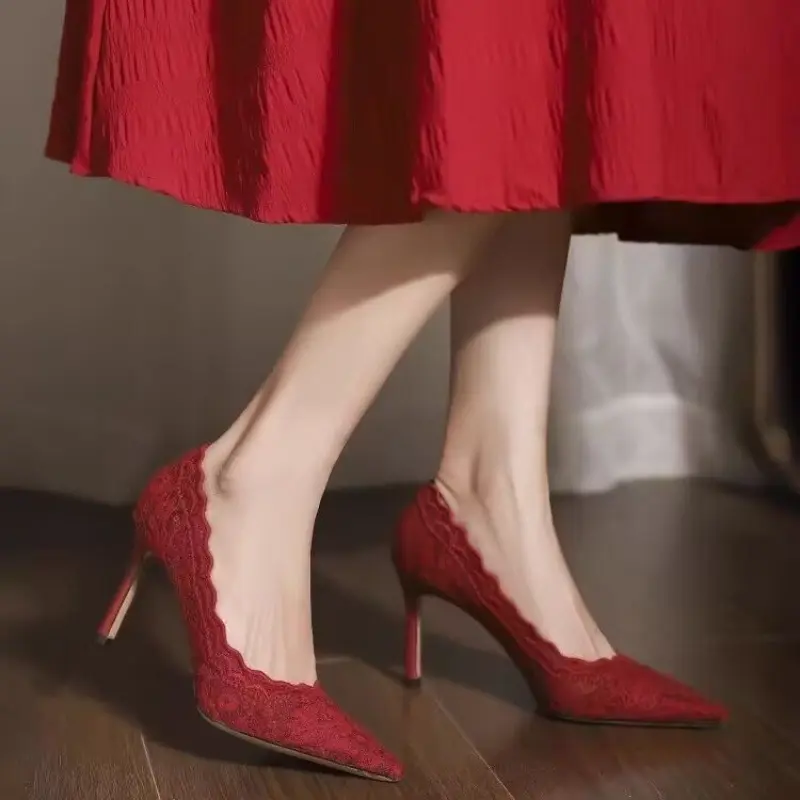 White Wedding Shoes Bridal Shoes Design Sense Niche Lace Pointed Stiletto Heel Shallow French High Heels Female Temperament
