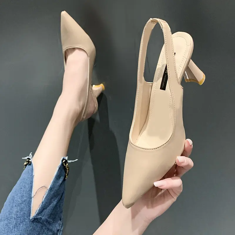 Summer Fashion New Breathable Pointed Toe Stiletto Heel PU Comfortable and Elegant Women's Shoes Shallow Mouth Sexy Sandals