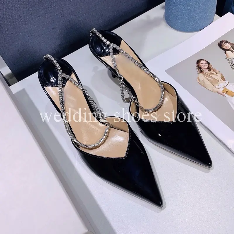 Pointed Patent Leather Rhinestone Ankle Chain Pumps Women's Summer Wedding New Style Stiletto Rhinestone Sexy Baotou High Heels