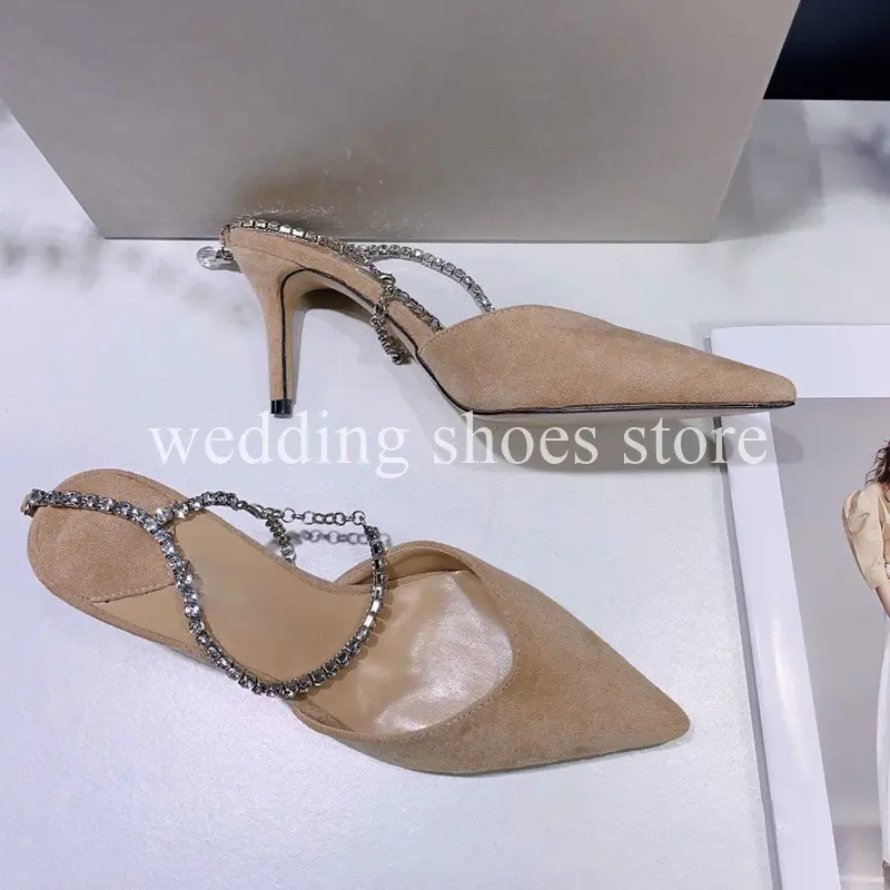 Pointed Patent Leather Rhinestone Ankle Chain Pumps Women's Summer Wedding New Style Stiletto Rhinestone Sexy Baotou High Heels
