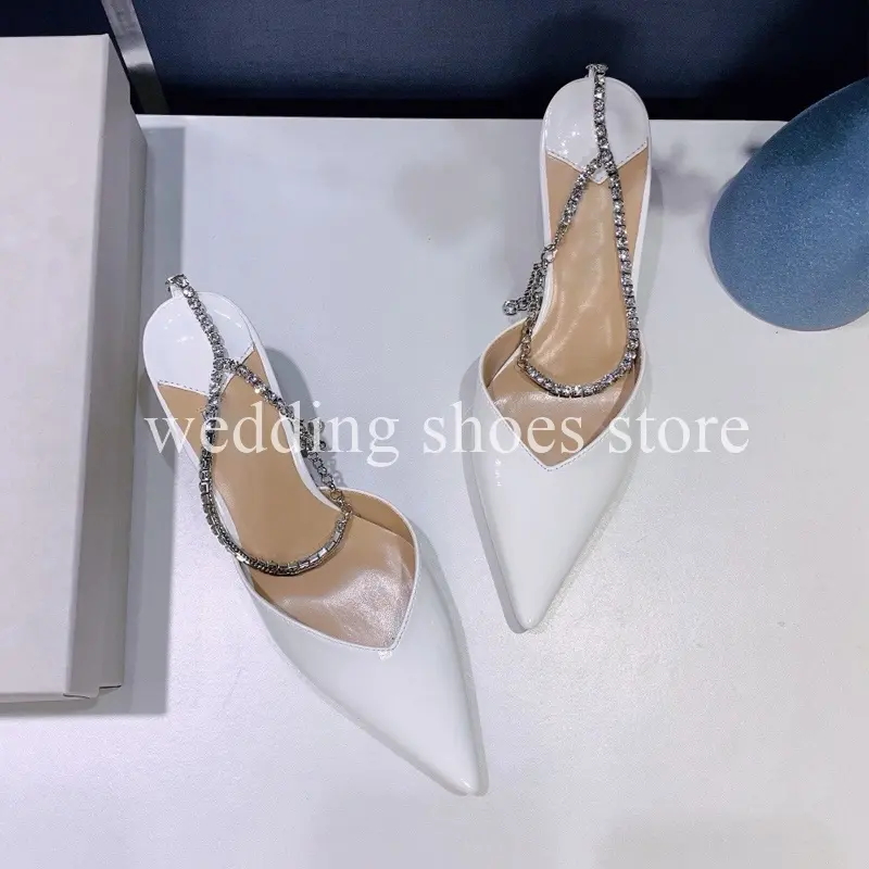 Pointed Patent Leather Rhinestone Ankle Chain Pumps Women's Summer Wedding New Style Stiletto Rhinestone Sexy Baotou High Heels