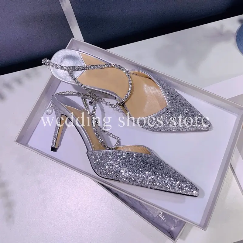 Pointed Patent Leather Rhinestone Ankle Chain Pumps Women's Summer Wedding New Style Stiletto Rhinestone Sexy Baotou High Heels