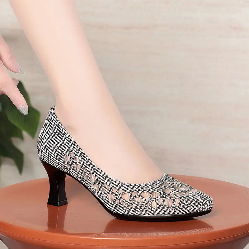 Summer Single Shoes Mesh Breathable Versatile High Heels Women's Shoes Middle-Aged Temperament Pointed Toe Shallow Mouth Shoes