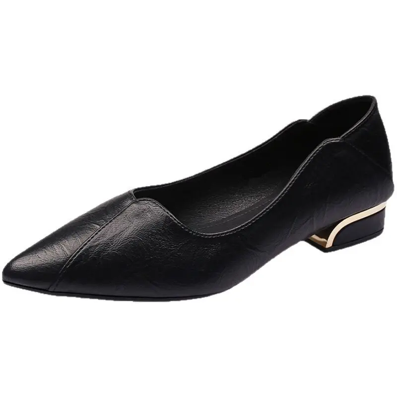 2025 Spring and Autumn New Pointed Toe Single Shoes Women Thick Heel Shallow Mouth Professional All-match Women's Leather Shoes