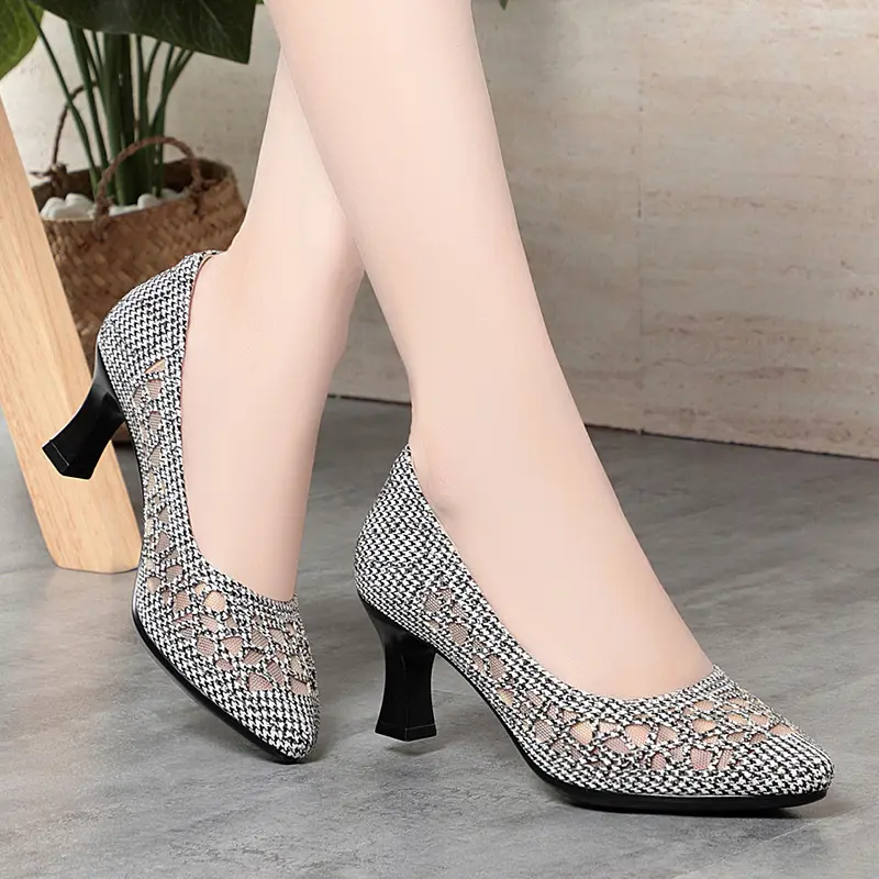Summer Single Shoes Mesh Breathable Versatile High Heels Women's Shoes Middle-Aged Temperament Pointed Toe Shallow Mouth Shoes