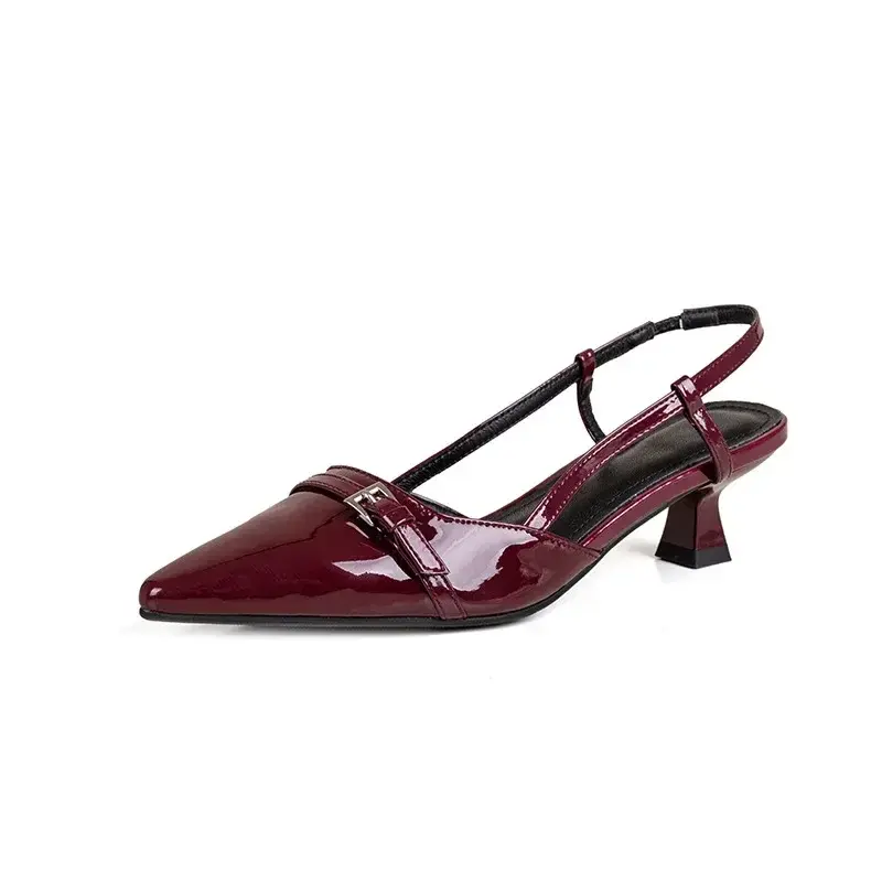 2025 New Summer French Wine Red Pointed Patent Leather Mid-heel Overhead Sandals for Women Retro Skinny Heel Back Empty Shoes