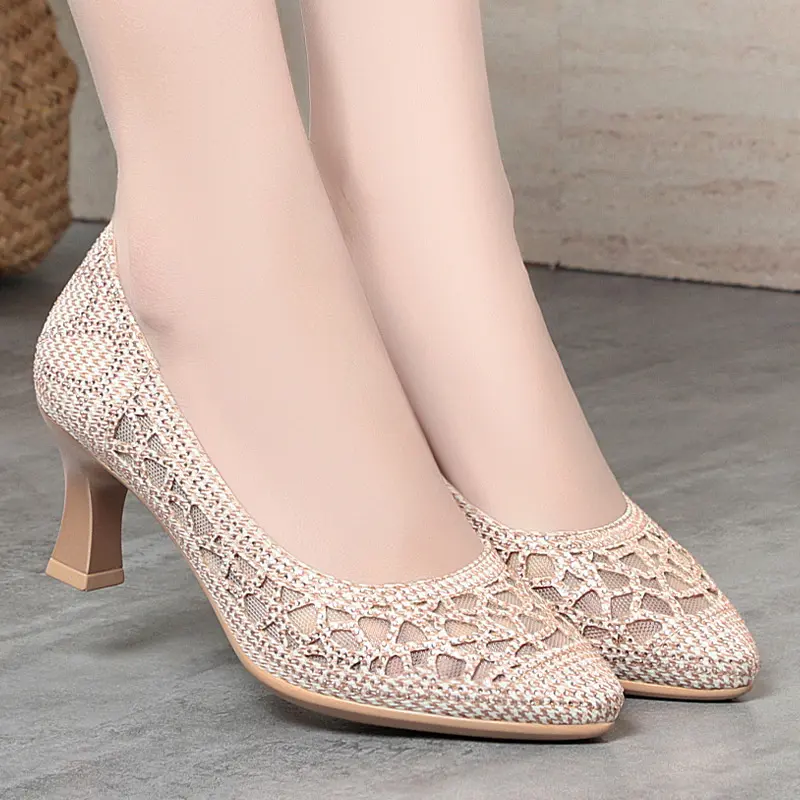 Summer Single Shoes Mesh Breathable Versatile High Heels Women's Shoes Middle-Aged Temperament Pointed Toe Shallow Mouth Shoes