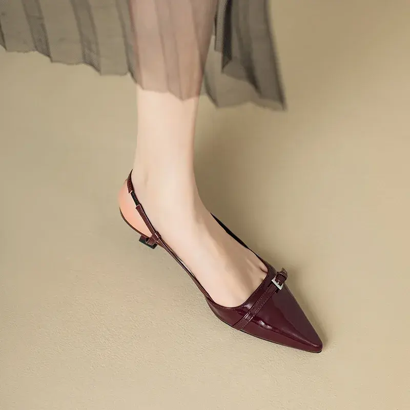 2025 New Summer French Wine Red Pointed Patent Leather Mid-heel Overhead Sandals for Women Retro Skinny Heel Back Empty Shoes