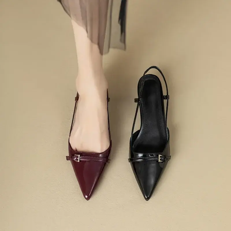 2025 New Summer French Wine Red Pointed Patent Leather Mid-heel Overhead Sandals for Women Retro Skinny Heel Back Empty Shoes
