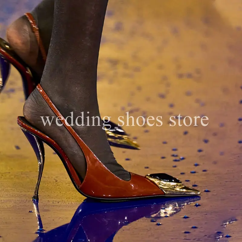 Runway Look Glitter Metal Head Jewel High Heels Pointed Toe Shallow Mouth Single Shoes Women Pumps Wedding 10.5CM Stiletto Heel