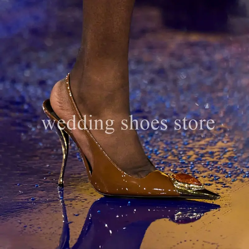 Runway Look Glitter Metal Head Jewel High Heels Pointed Toe Shallow Mouth Single Shoes Women Pumps Wedding 10.5CM Stiletto Heel