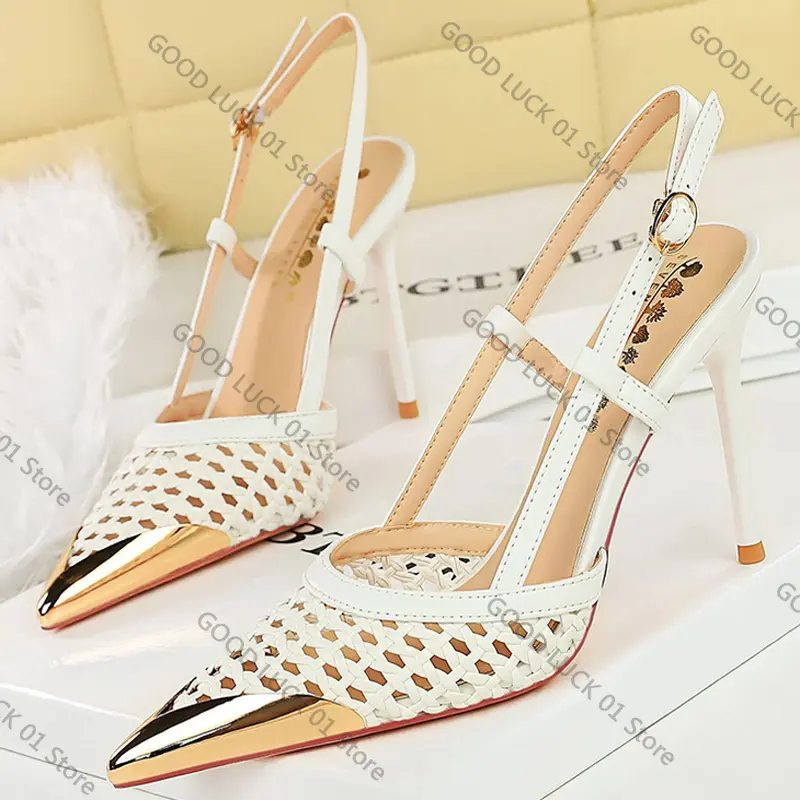 Fashion hollow Weaving Women Pumps Metal pointed tip High Heels Stiletto 9.5 cm buckle Summer Women's high-heeled sandals Shoes