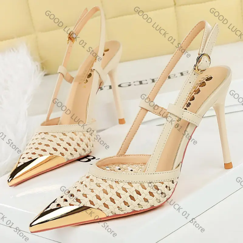 Fashion hollow Weaving Women Pumps Metal pointed tip High Heels Stiletto 9.5 cm buckle Summer Women's high-heeled sandals Shoes