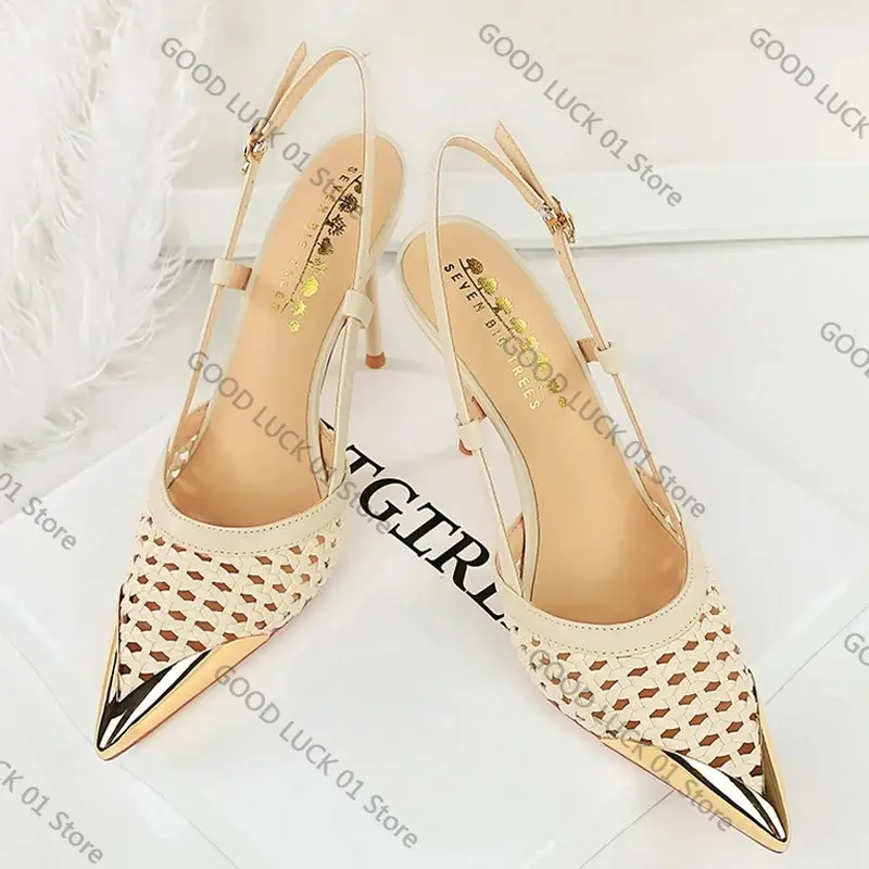 Fashion hollow Weaving Women Pumps Metal pointed tip High Heels Stiletto 9.5 cm buckle Summer Women's high-heeled sandals Shoes