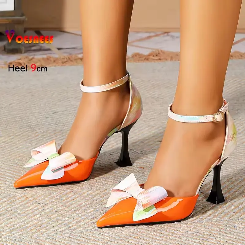 Women's Side Empty With Bowknot High Heel Sandals 2025 Fashion Pointed Toe Thin Heel 9CM Summer Woman Elegant Party Dress Shoes