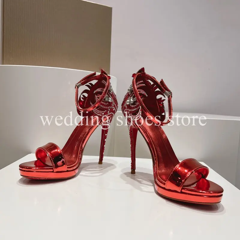 Rhinestone Peep-toe High Heels Crack Leather Stiletto Women Pumps Sexy Ankle Strap High Heels Weeding Party Prom Shoes 11.5CM