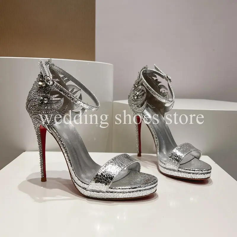 Rhinestone Peep-toe High Heels Crack Leather Stiletto Women Pumps Sexy Ankle Strap High Heels Weeding Party Prom Shoes 11.5CM