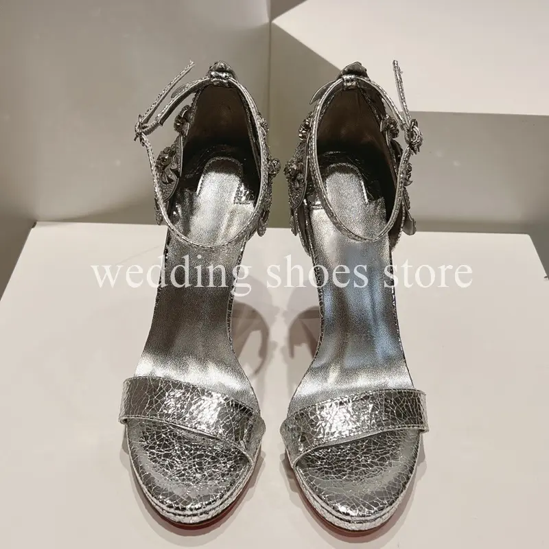 Rhinestone Peep-toe High Heels Crack Leather Stiletto Women Pumps Sexy Ankle Strap High Heels Weeding Party Prom Shoes 11.5CM