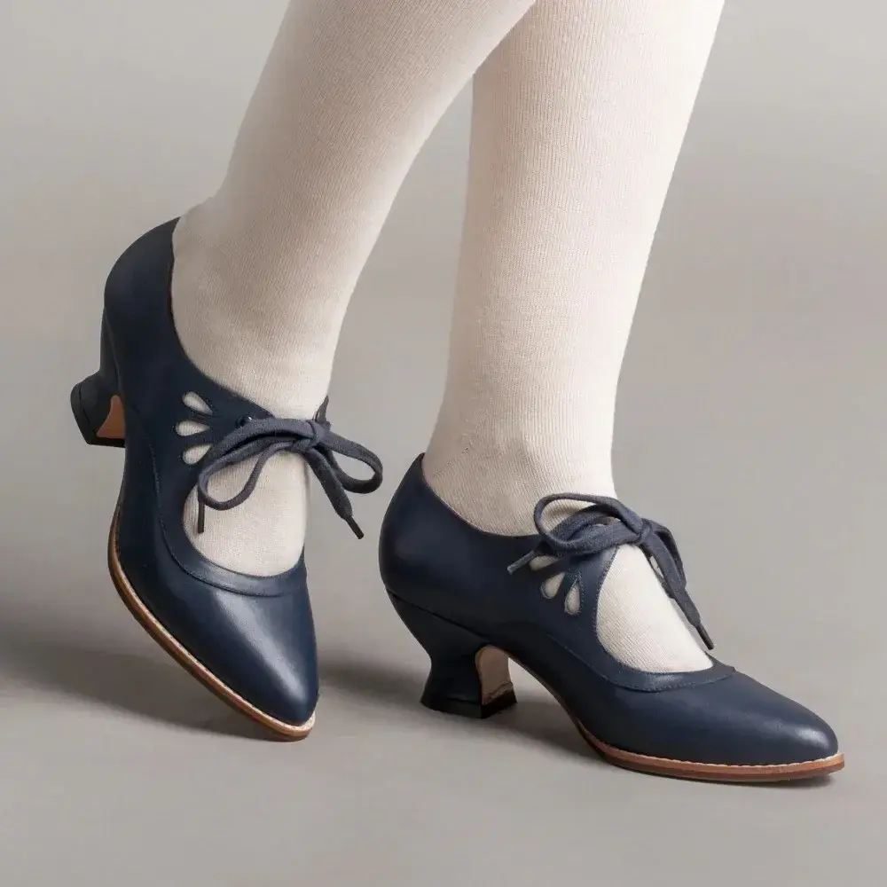 2025 Retro Pointed Toe Shoes for Women Mary Janes Women's High Heels New Office Lace -up Pump Ladies Thick Heels Female Shoes