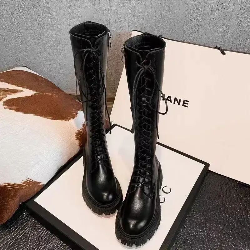 Winter Boots Women Knee High Boots Platform Pu Leather Increasing Long Female Lace Up Booties Mujer 2024 Zip Chelsea Women Shoes